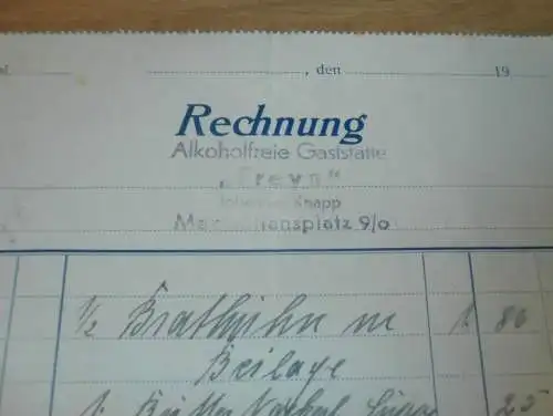 Alkoholfreie Gaststätte " FREYN " in Mecklenburg , 1919 , Johannes Knapp , Brathuhn , alte Rechnung !!!