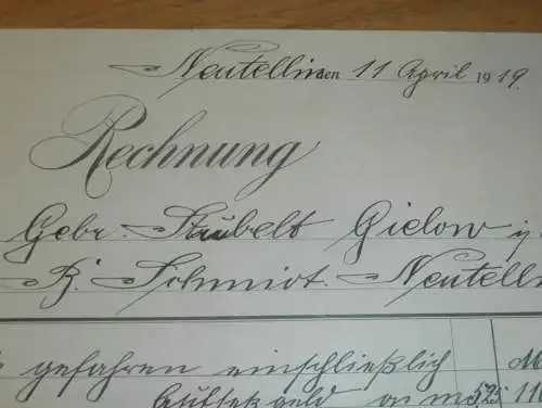 Neu Tellin / Neutellin in Mecklenburg , 1919 , alte Rechnung !!!