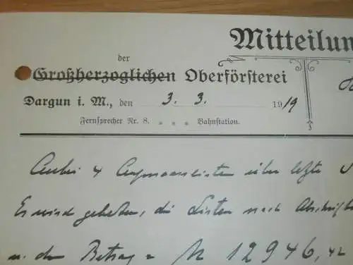 Oberförsterei Dargun in Mecklenburg , 1919 , Jagd , Forst , Dokument !!!