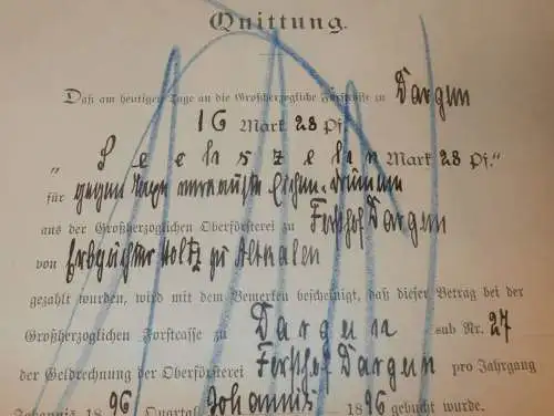 Beleg der Forstcasse Dargun in Mecklenburg , 1896 , Altkalen , Neukalen , Forst , Dokument !!!