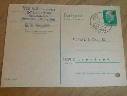 VEB Vulkanisierwerk Leinefelde b. Gebra / Obergebra , 1968 , Ganzsache , Reklame / Werbung , Ansichtskarte , Postkarte !