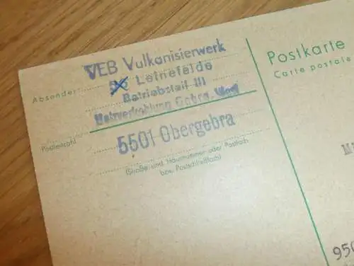 VEB Vulkanisierwerk Leinefelde b. Gebra / Obergebra , 1968 , Ganzsache , Reklame / Werbung , Ansichtskarte , Postkarte !