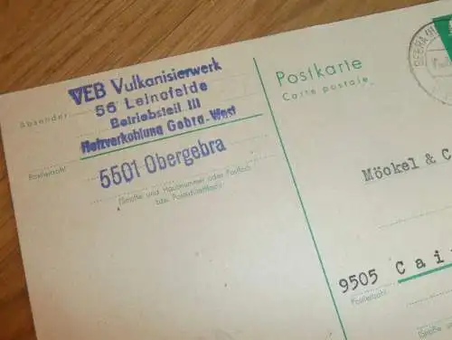 VEB Vulkanisierwerk Leinefelde b. Gebra / Obergebra , 1968 , Ganzsache , Reklame / Werbung , Ansichtskarte , Postkarte !