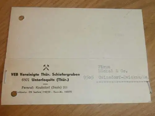 VEB Schiefergruben in Unterloquitz b. Probstzella , 1968 , Ganzsache , Reklame / Werbung , Ansichtskarte , Postkarte !