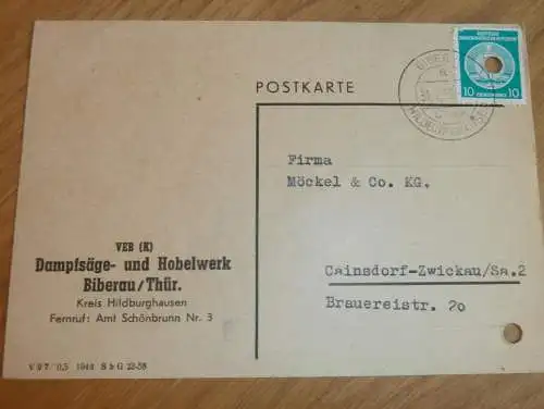 Sägewerk in Biberau b. Hildburghausen , 1959 , Reklame / Werbung , Ansichtskarte , Postkarte !