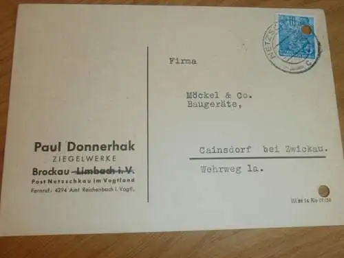 Ziegelwerk Paul Donnerhak in Brockau - Limbach b. Netzschkau , 1959 , Reklame / Werbung , Ansichtskarte , Postkarte !