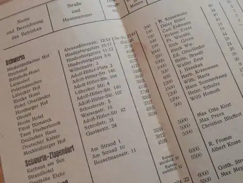 Hotel - Adressverzeichnis - Schwerin und Umgebung , 1939 , Fremdenheime , Mecklenburg !!