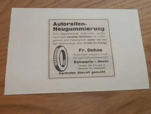 Autoreifen - Fr. Dohse in Schwerin , ca. 1935 , Reklame auf Pappe , Reifendienst , Mecklenburg !!