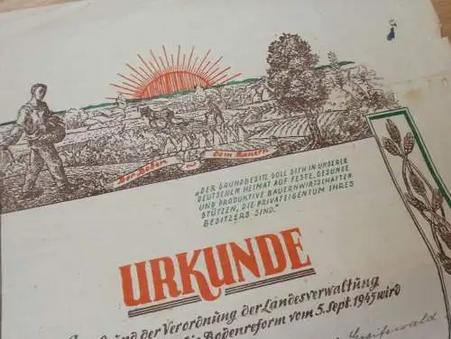 Menzlin b. Ziethen , 1946 , große Urkunde Bodenreform , Greifswald , Ernst Meier , Autograph Landrat , Mecklenburg !!!