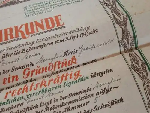 Menzlin b. Ziethen , 1946 , große Urkunde Bodenreform , Greifswald , Ernst Meier , Autograph Landrat , Mecklenburg !!!