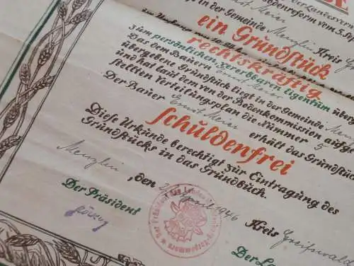 Menzlin b. Ziethen , 1946 , große Urkunde Bodenreform , Greifswald , Ernst Meier , Autograph Landrat , Mecklenburg !!!