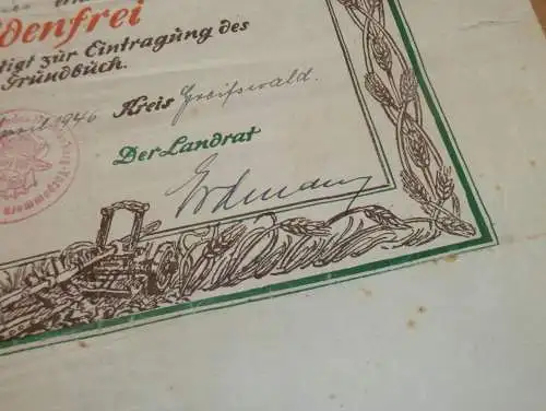 Menzlin b. Ziethen , 1946 , große Urkunde Bodenreform , Greifswald , Ernst Meier , Autograph Landrat , Mecklenburg !!!