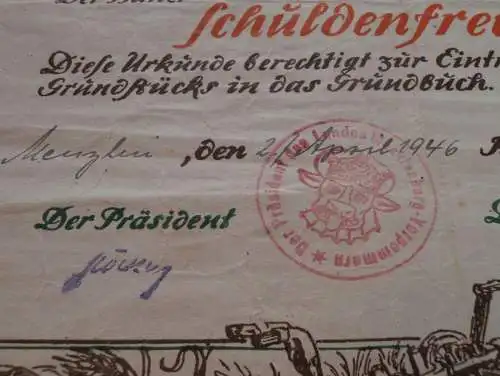 Menzlin b. Ziethen , 1946 , große Urkunde Bodenreform , Greifswald , Ernst Meier , Autograph Landrat , Mecklenburg !!!