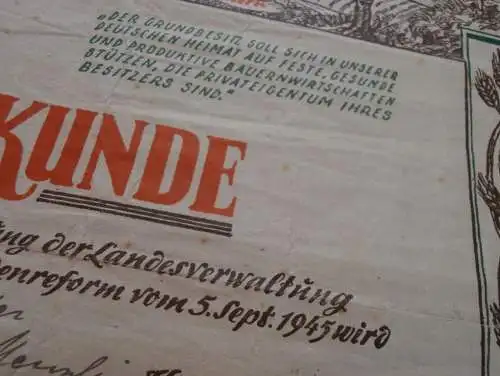 Menzlin b. Ziethen , 1946 , große Urkunde Bodenreform , Greifswald , Ernst Meier , Autograph Landrat , Mecklenburg !!!