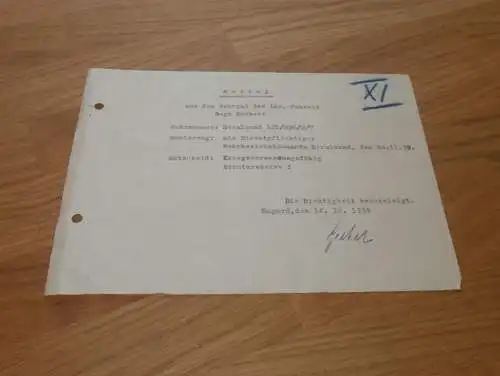 Wehrpaß-Auszug , Sagard a. Rügen , 1939 , Stralsund , Hugo Ruchert , Mecklenburg !!!