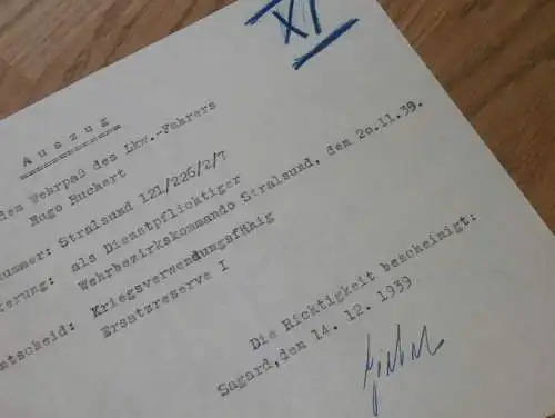 Wehrpaß-Auszug , Sagard a. Rügen , 1939 , Stralsund , Hugo Ruchert , Mecklenburg !!!
