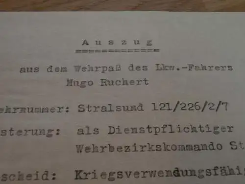 Wehrpaß-Auszug , Sagard a. Rügen , 1939 , Stralsund , Hugo Ruchert , Mecklenburg !!!
