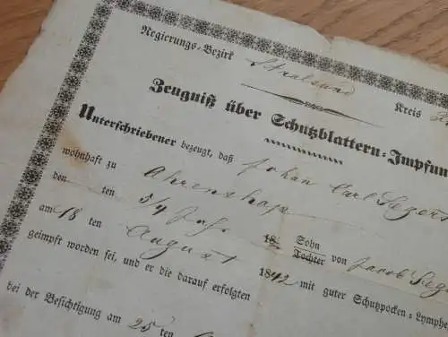 Blattern-Impfung , Prerow , 1842, J. Segert in Ahrenshoop , Franzburg , Stralsund , Mecklenburg , Medizin , Arzt !!