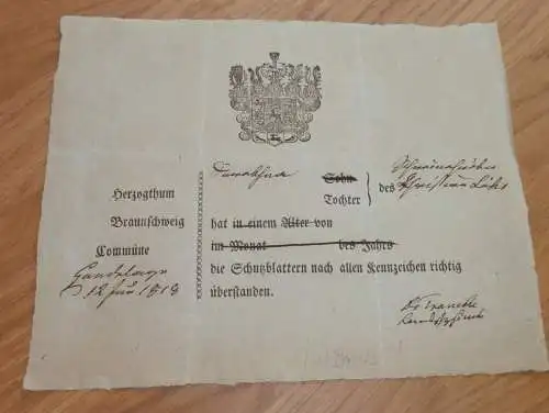 Herzogthum Braunschweig , ca. 1820 , Blattern-Impfung , Schutzblattern , Medizin !!