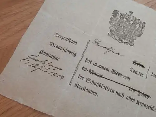 Herzogthum Braunschweig , ca. 1820 , Blattern-Impfung , Schutzblattern , Medizin !!