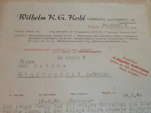 Wilhelm Kohl in Ribnitz i. Mecklenburg , 1946 , Max Bethke in Stubbendorf , Gnoien , altes Dokument !!!