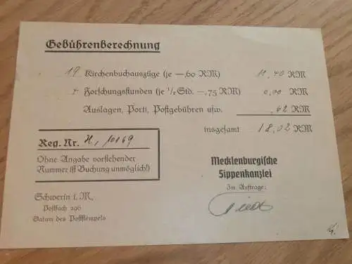 Mecklenburgische Sippenkanzlei in Schwerin , ca. 1940 , Ahnenforschung , Mecklenburg , altes Dokument !!!