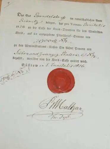 Gut Bandelstorf b. Ribnitz , 1826, von Maltzan , Güstrow , Rostock , Mecklenburg , altes Dokument !!