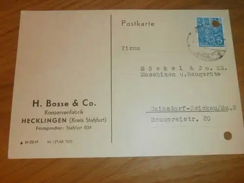 Konservenfabrik - Bosse & Co. in Hecklingen b. Staßfurt 1959 , Ganzsache , Reklame / Werbung , Ansichtskarte , Postkarte