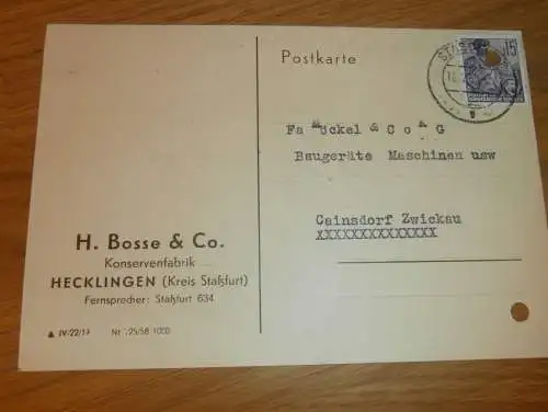 Konservenfabrik - Bosse & Co. in Hecklingen b. Staßfurt 1959 , Ganzsache , Reklame / Werbung , Ansichtskarte , Postkarte