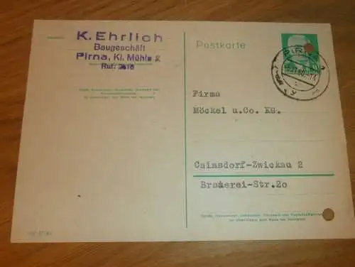 Baugeschäft - Karl Ehrlich in Pirna , 1960 , Ganzsache , Reklame / Werbung , Ansichtskarte , Postkarte