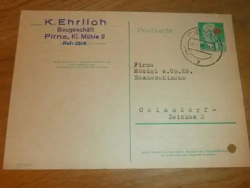 Baugeschäft - Karl Ehrlich in Pirna , 1960 , Ganzsache , Reklame / Werbung , Ansichtskarte , Postkarte