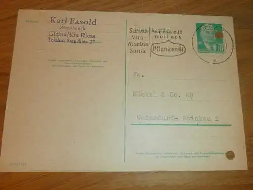 Ziegelwerk - Karl Fasold in Gleina b. Riesa , 1960 , Ganzsache , Reklame / Werbung , Ansichtskarte , Postkarte