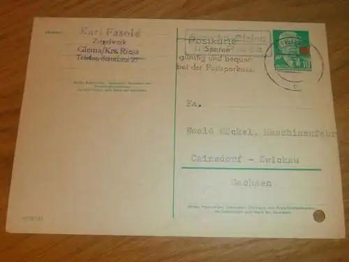 Ziegelwerk - Karl Fasold in Gleina b. Riesa , 1960 , Ganzsache , Reklame / Werbung , Ansichtskarte , Postkarte