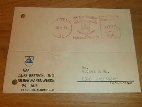 VEB Besteck- und Silberwarenwerke in Aue , 1968 , Ganzsache , Reklame / Werbung , Ansichtskarte , Postkarte !!