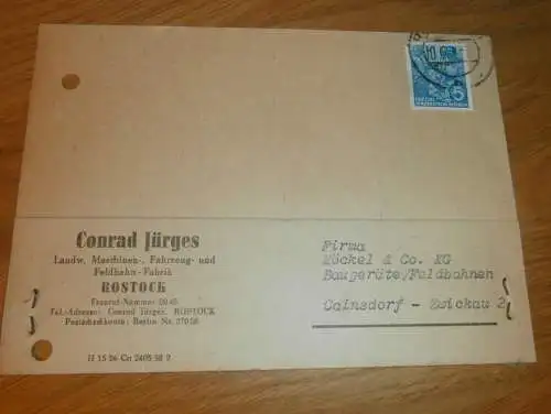 Feldbahn-Fabrik Conrad Jürgens in Rostock , 1959 , Ganzsache , Reklame / Werbung , Ansichtskarte , Postkarte !!