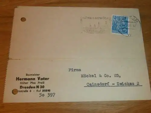 Baumeister Hermann Vater in Dresden , 1959 , Ganzsache , Reklame / Werbung , Ansichtskarte , Postkarte !!