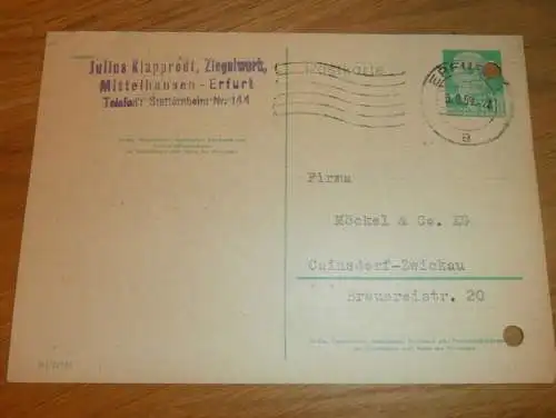 Ziegelwerk - Julius Klapprodt in Mittelhausen - Erfurt ,1959 , Ganzsache , Reklame / Werbung , Ansichtskarte , Postkarte