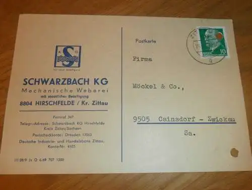 Weberei - Schwarzbach KG in Hirschfelde b. Zittau , 1970 , Ganzsache , Reklame / Werbung , Ansichtskarte , Postkarte