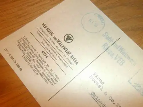 VEB Stahl- und Walzwerk Riesa , Banner der Arbeit , 1959 , Ganzsache , Reklame / Werbung , Ansichtskarte , Postkarte