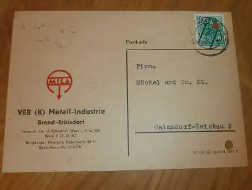 VEB Metall-Industrie Brand-Erbisdorf , 1960 , Ganzsache , Reklame / Werbung , Ansichtskarte , Postkarte !!