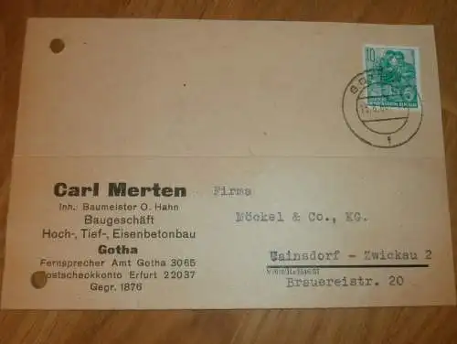 Baugeschäft - Carl Merten in Gotha , 1960 , Ganzsache , Reklame / Werbung , Ansichtskarte , Postkarte !!