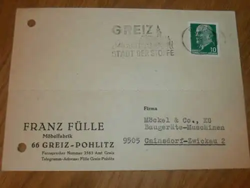 Möbelfabrik - Franz Fülle in Greiz Pohlitz , 1970 , Reklame / Werbung , Ansichtskarte , Postkarte !!