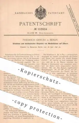 original Patent - Friedrich Idinger , Berlin | 1898 | Schablone für Musikstück auf Zither | Zithern | Musikinstrument !