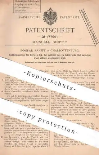 original Patent - Konrad Ranfft , Berlin / Charlottenburg | 1906 | Halbiermaschine für Brote | Brot Brotschneider Bäcker