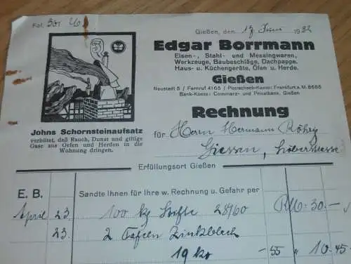 Werkzeuge und Eisenwaren - Edgar Borrmann in Gießen , 1932 , altes Dokument / Rechnung , Reklame / Werbung , Giessen !!