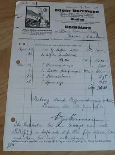 Werkzeuge und Eisenwaren - Edgar Borrmann in Gießen , 1932 , altes Dokument / Rechnung , Reklame / Werbung , Giessen !!