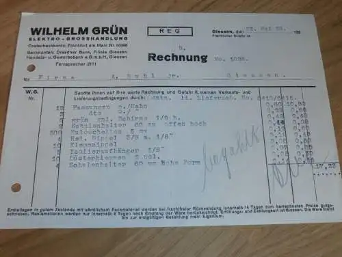 Elektro-Grosshandlung - Wilhelm Grün in Gießen , 1938 , altes Dokument / Rechnung , Reklame / Werbung , Giessen !!