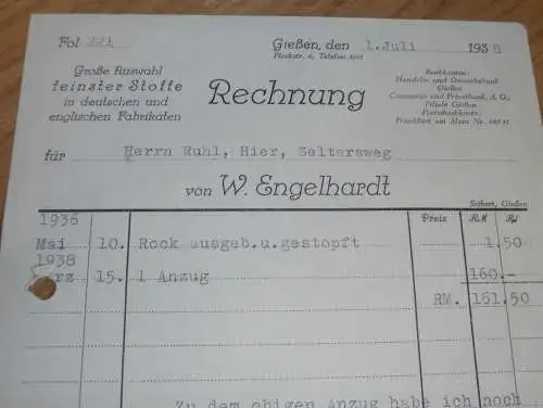 Feinste Stoffe - W. Engelhardt in Gießen , 1938 , altes Dokument / Rechnung , Reklame / Werbung , Giessen !!