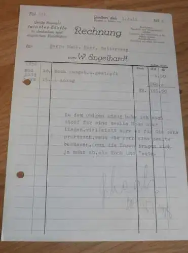 Feinste Stoffe - W. Engelhardt in Gießen , 1938 , altes Dokument / Rechnung , Reklame / Werbung , Giessen !!