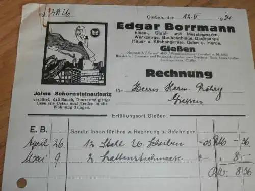 Werkzeuge und Eisenwaren - Edgar Borrmann in Gießen , 1934 , altes Dokument / Rechnung , Reklame / Werbung , Giessen !!